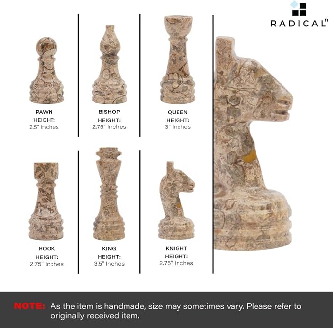 Radicaln Marble Chess Set 15 Inches Handmade Black and Fossil Coral Classic Strategy Board Game for Adults Ideal Marble Chess Board &amp Pieces for Luxury Décor