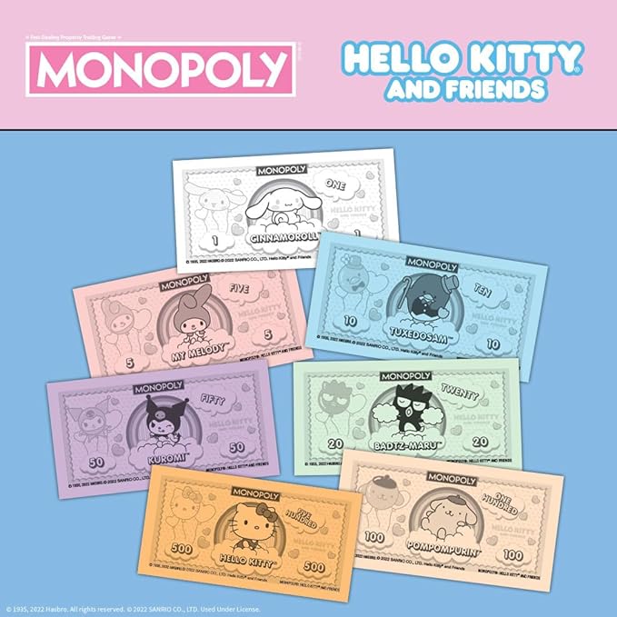 Monopoly: Hello Kitty and Friends Buy Sell Trade Buildings from The Animated Series Featuring My Melody Badtz-Maru Keroppi Classic Monopoly Game Officially-Licensed Hello Kitty Merchandise