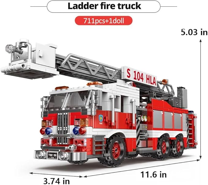 City Ladder Fire Truck Building Blocks Set (711 pcs) Toy Station Firetruck Bricks Collectible Fire Engine Building Kit Model Gift for Boys and Girls Adults Christmas and Birthday