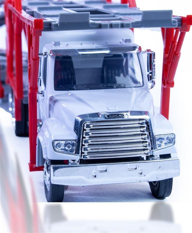 Shop72 Freightliner 114SD Auto Transporter Diecast Truck with 4 Assorted Cars Long Hauler Truck 1:32 Scale Semi Truck Toy with Trailer Gift for Truckers and Collectors