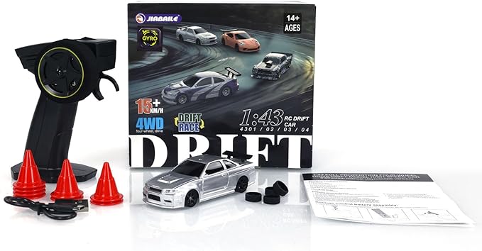 1/43 Full Scale RC Drift Race Vehicle with Gyro Edition 4WD Ready to Go Mini Racing Car Remote Control Car High Speed Model for Collection Gift Boys(Silver Gray)