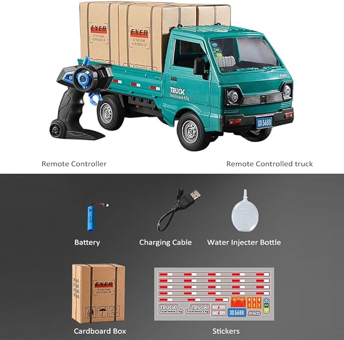 GoolRC Remote Control Car Kei Truck 1:16 Scale RC Transport Pickup Truck with Spray and Light 2.4GHz All Terrain RC Cars for Teens and Adults Christmas or Birthday Gift (Green)