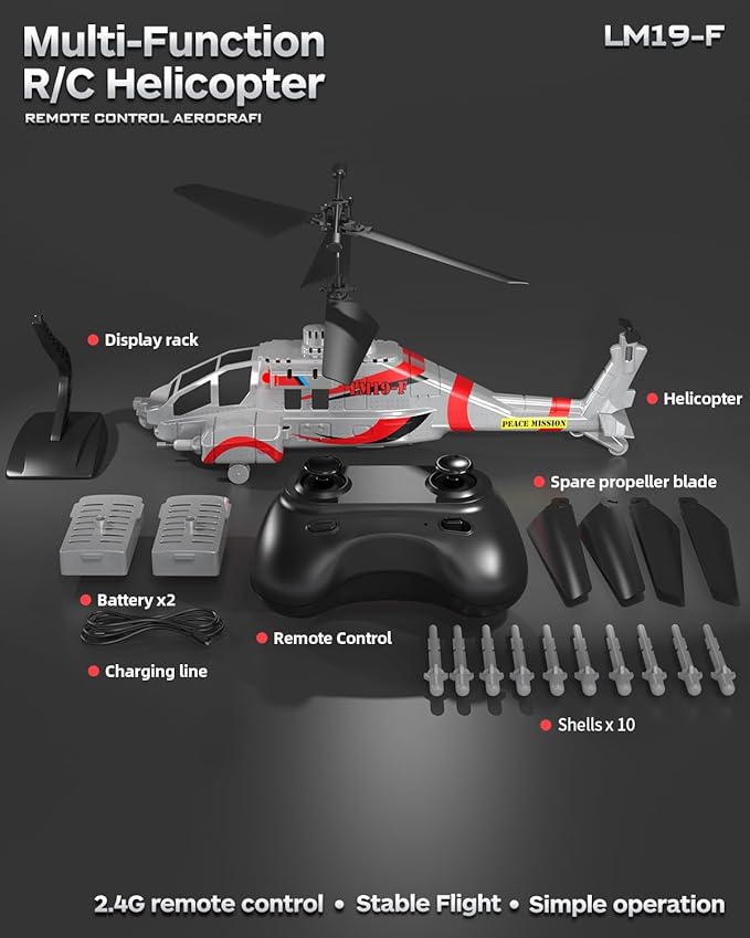 RC Helicopter with 10 Missiles LM19-F 2.4GHz Remote Control Helicopter for Beginners and Adults LED Lights Altitude Hold One-Key Take Off Gifts for Military Fans (2 Batteries)