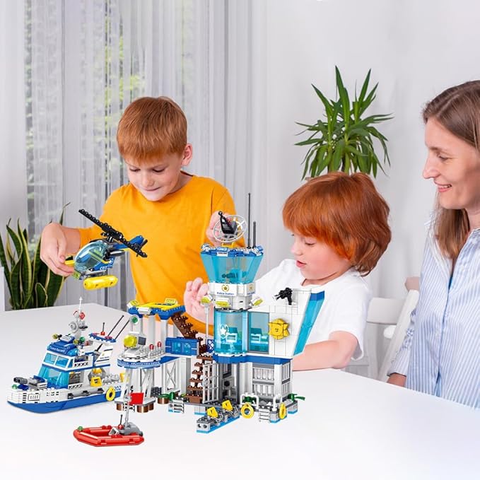 MindBox Police Station Building Blocks Set 800pcs Building Toy with ShipBoat &amp Helicopter for Boys 8+