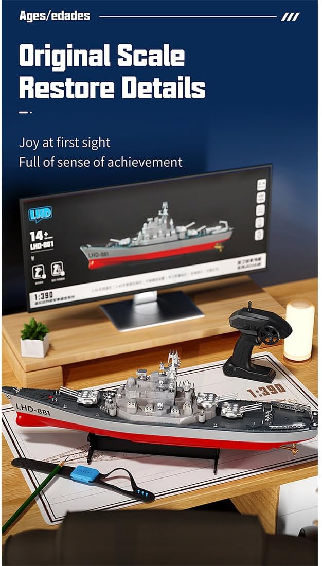1/390 RC Battleship 2.4G 8-10KM/H Electric High-Frequency Twin-Engine Battleship Model Remote Control Military Warship Armed Cruiser Boat