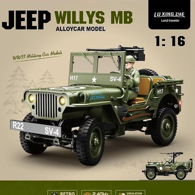 1/16 Scale Alloy Remote Control Car Military Willys Climbing Car with LED Lights &amp Soldier Figure All Terrain Off-Road Vehicle for Adults