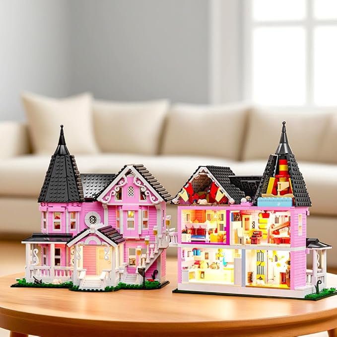 1349PCS Pink Palace House Building Set Halloween Haunted House Blocks Toy with Lights Christmas for Teens Girls 12+ Halloween House Kit for Kids Adults