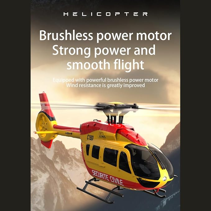 C190 Remote Control Helicopter for Adults 1:30 Scale H145 RC Helicopter 2.4G 6CH Single Propeller Aileron Free Optical Flow Positioning Six-axis Gyroscope Stabilization (Red Yellow(3 Batteries))