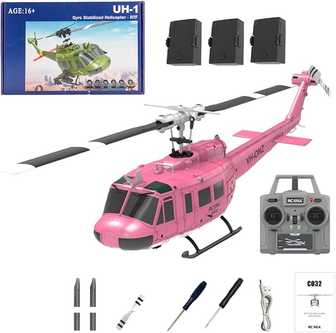 C032 UH-1 Huey RC Helicopter for Adults 1/48 Scale 2.4G 6CH Flybarless Stunt RC Plane 6-Axis Gyroscope Optical Flow Positioning TOF Lidar Height Setting for Beginners (Pink (3 Batteries))