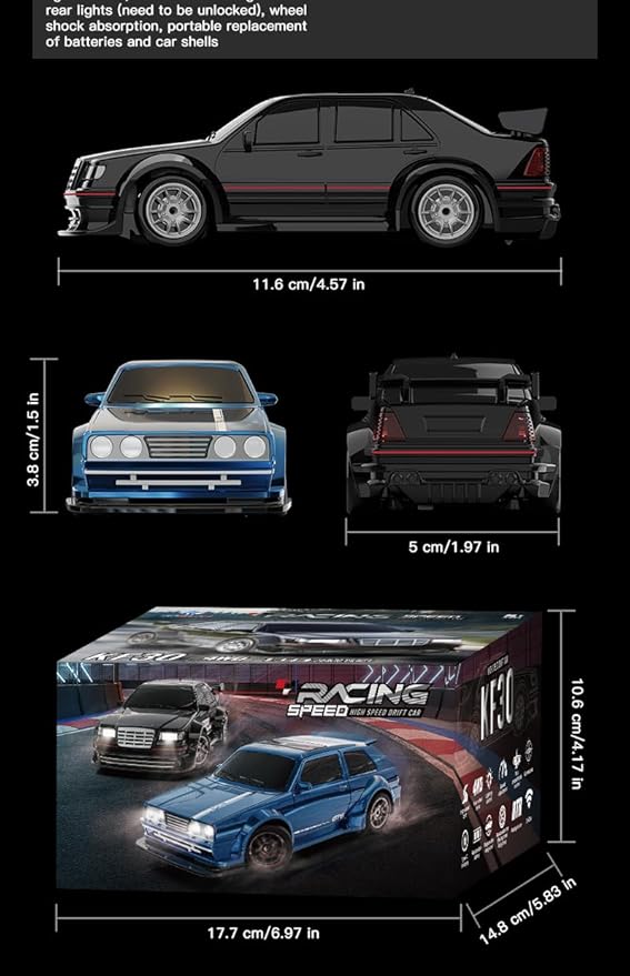 KF30 1/43 Mini RC Drift Car 2.4G Full-Proportional 4WD RC Racing Car Model with LED Lights and Gyro RTR (Blue)