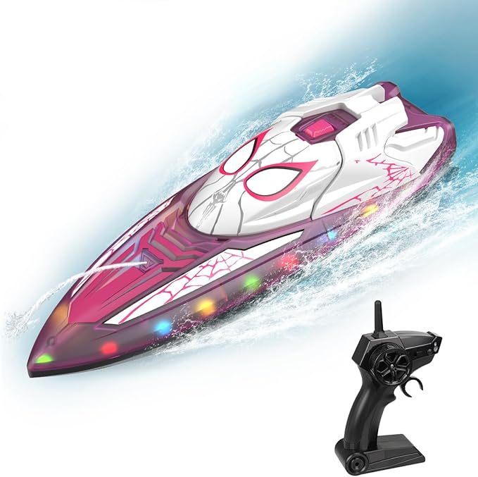 Spider Hero RC Boat 2.4GHz Remote Control Boat with LED Lights for Kids Pool Toy with 2 Rechargeable Batteries Spray Function and Low Battery Alarm for Boys &amp Girls (Spider Girl)