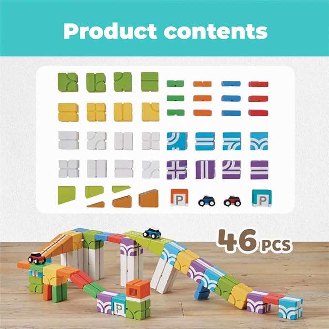 QBI Magnetic Building Blocks Car Track Set 46PCS STEM Learning Toys for Kids Ages 4-8 Sensory Magnetic Blocks with 2 Push-and-go Cars | Educational Montessori Magnet Cubes for Boys &amp Girls