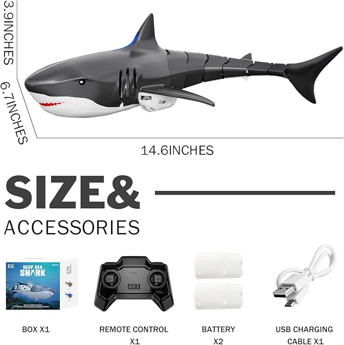 Remote Control Shark Pool Toys for Kids Age 8-12 2.4GHz Waterproof RC Boat Toy Shark with Light for 60 Mins Play Gift for Boys Girls
