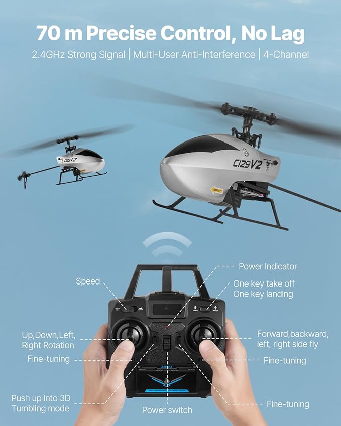 VEVOR RC Helicopter 2.4GHz Single Propeller Remote Control Helicopter with Gyro 4-Channel RC Airplane for Beginner 39 Min Flight Time One-Key Takeoff/Landing Toys for Kids Ages 8 and up