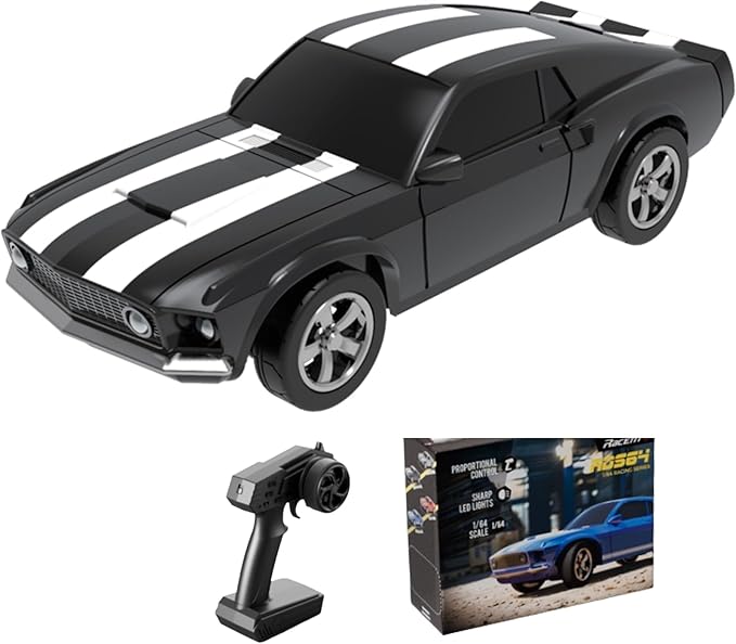 1/64 Scale Drift RC Car2.4Ghz Mini Sports CarEquipped with LED Lights and Mustang Retro Cars with Built-in GyroscopeProfessional Rear Wheel Drive30 Minute Driving Time (Black)