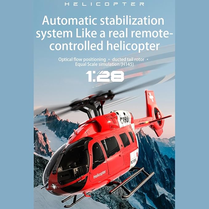 C190 Remote Control Helicopter for Adults 1:30 Scale H145 RC Helicopter 2.4G 6CH Single Propeller Aileron Free Optical Flow Positioning Six-axis Gyroscope Stabilization (Red White(3 Batteries))
