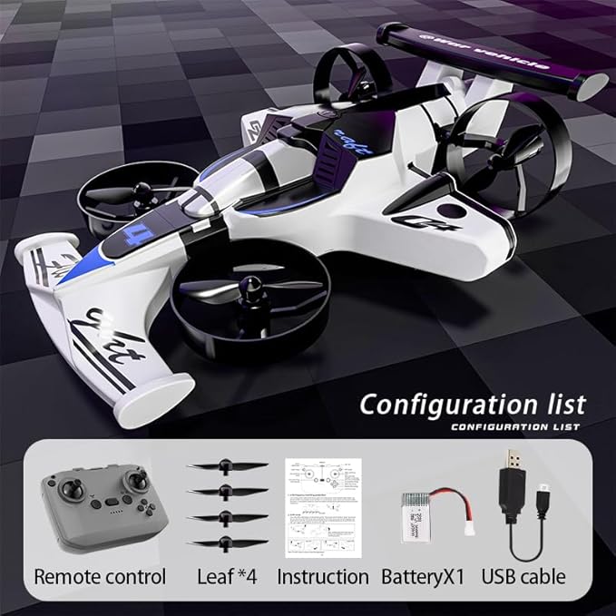Racing car and drone combination remote-controlled flying car foam material. Features include one-key takeoff stable hovering racing mode and 360° aerial flips. An ideal and fun birthday gift.