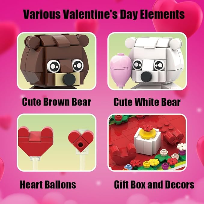 Valentines Brown and White Dancing Bear Couple Building Blocks Set Toy Valentine‘s Day Love Heart Ornament Gift Toy School Classroom Gift Exchange for Kids (Valentines Bears Set)