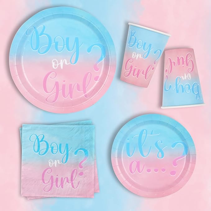Baby Gender Reveal Party Supplies Boy or Girl Disposable Paper Plates Napkins Cups Tablecloth for Baby Shower Decorations Serve 25