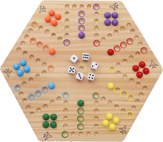 HOROW Wahoo Board Game Wooden Original Board Game 15 inch Classic 2 Side Painted Fast Track Game for 4 Player and 6 Player with 30 Marbles6 Dices for Family Game Night