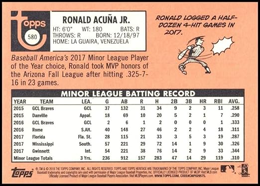 2018 Topps Heritage High Number #580 Ronald Acuna Jr. RC Rookie Atlanta Braves Official MLB Baseball Trading Card in Raw (NM or Better) Condition