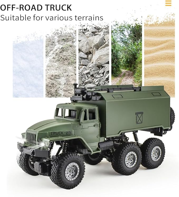GoolRC RC Military Truck 1:16 Scale 6WD Remote Control Car Off-Road RC Truck with LED Light and 2 Batteries All Terrain Army Transport Vehicle for Adults