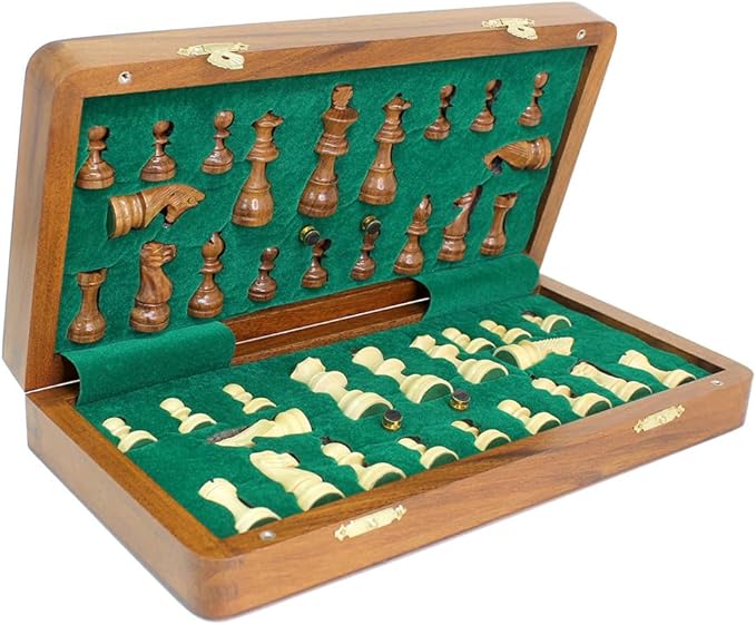 House of Chess - 10 Inch Wooden Magnetic Folding Travel Chess Set/Board with 2 Extra Knights 2 Extra Pawns 2 Extra Queens and Algebraic Notation - Handmade - Golden Rosewood