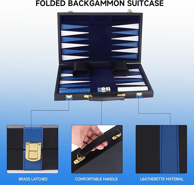 GSE Games &amp Sports Expert Premium Leather Backgammon Board Game Set Classic Backgammon Game Set with Leather Case Travel Folding Board Game (Black&ampBlue Medium)