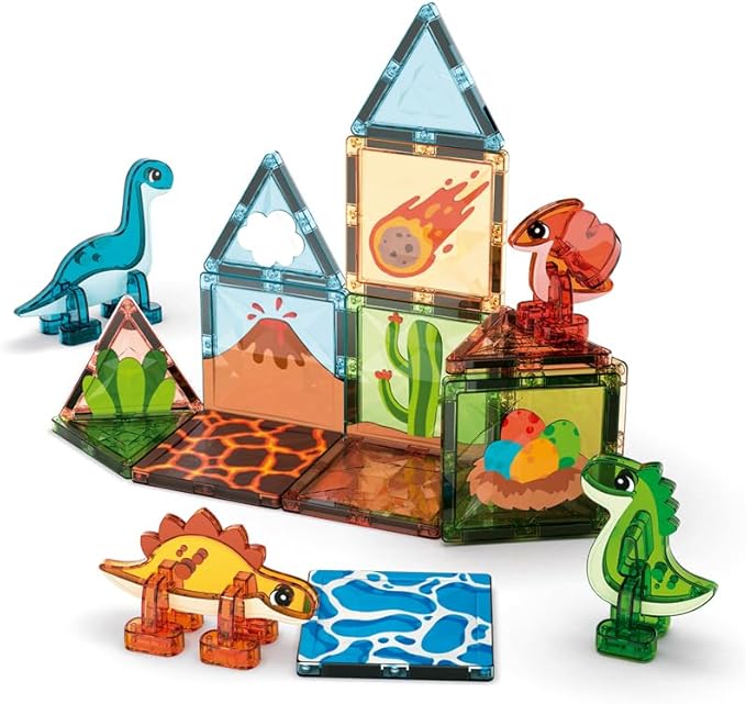 Magnetic Tiles for Kids Ages 4-8 25 Piece Dinosaur Building Blocks Set with T-Rex &amp Stegosaurus Magnet Toys for Toddlers &amp Preschoolers - Educational Construction Toy Magnetic Building Sets