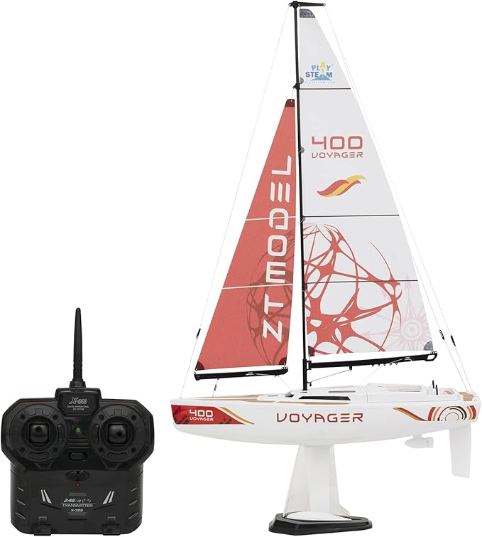 PLAY STEAM Voyager400 2.4GHz RC Motor Powered Sailboat in Red - 26 Tall