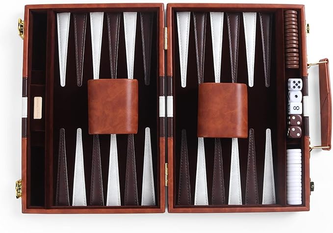 Travel Small 11 Inch Backgammon Set Classic Board Game with Leather Make Board Gift Package Portable Strategy Game Set for Adults Kids (Brown Small)