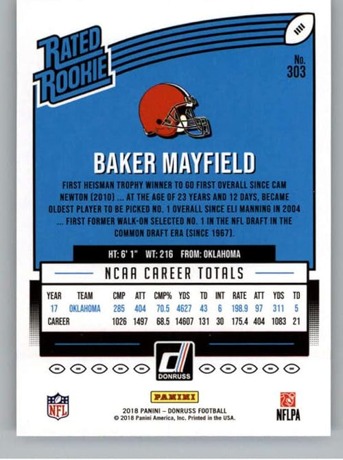 2018 Donruss Football #303 Baker Mayfield RC Rookie Card Cleveland Browns Rated Rookie Official NFL Trading Card