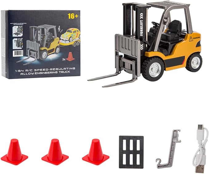 FunXylophy 1/64 Mini RC Forklift 2.4G 10KM/h Full-Proportional Remote Control Forklift with Wireless Controller Cargo Hook Forks and Pallet Christmas &amp Birthday Gifts (Yellow)