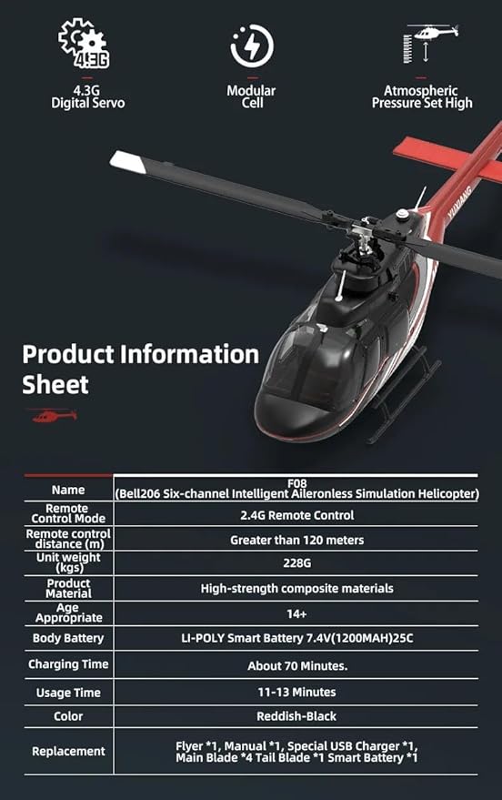 Hanll YUXIANG F08 Bell 206 RC Helicopter for Adults 1/27 2.4G 6CH Brushless Direct-Drive 6G Flybarless RC Helicopter with 6-Axis Gyro Optical Flow Positioning RTF/ 1 Battery
