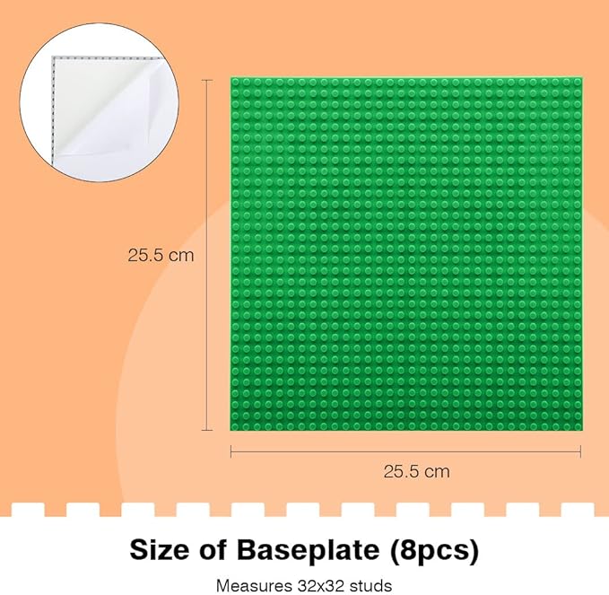 8 Pack Peel-and-Stick Building Baseplates 10”x10” Classic Self-Adhesive Boards - 100% Compatible with All Major Brands Sturdy Stacking Play Table Top Green/Grey/Blue/White