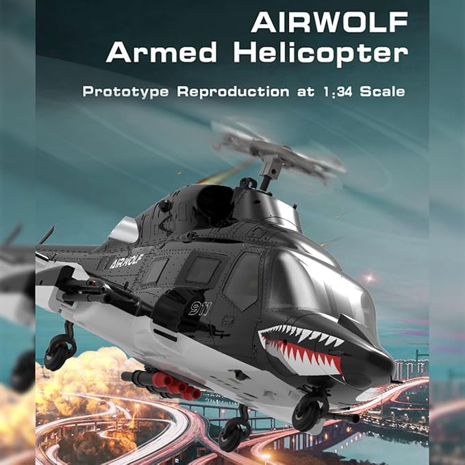 1/34 Scale AW-911 Air-Wolf RC Helicopter 2.4G 9CH Flybarless Airplanewith 6G/3D Stunt Mode and GPS Positioning (RTF Version/Mode 1/Mode 2)