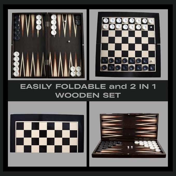 Park&ampOz Premium Turkish Backgammon and Checkers Set 19 Inch Handmade 2 in 1 Wooden Board Game with Glossy Finish Luxury Checkers and Dice Travel Friendly and Foldable (Dark Wenge)
