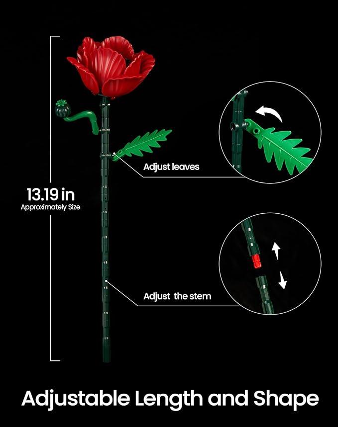 iATOM Red Poppy Flower Bouquet Building Set 12Pcs Artificial Botanical Collection for Adults - Gift for Valentine's Day for Her/Mom/Girlfriend/Wife/Couple Home Table Centerpiece Decor Aesthetic
