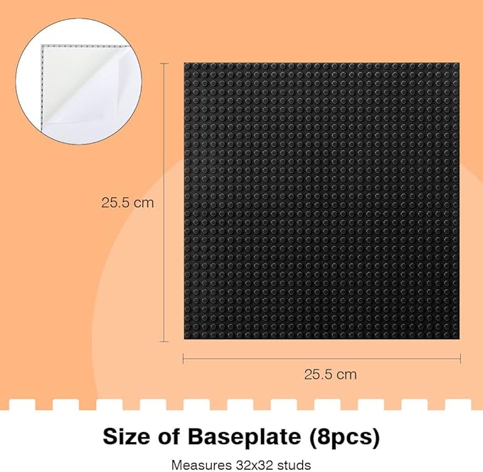 8 Pack Peel-and-Stick Building Baseplates 10”x10” Classic Building Boards - 100% Compatible with All Major Brands of Toy Building Sets Sturdy Stacking Play Table Top Black