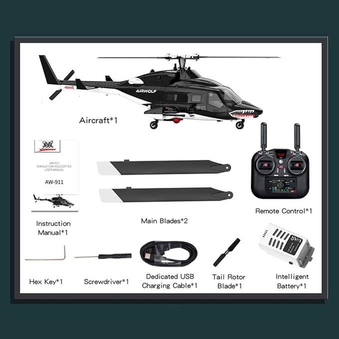 1/34 Scale AW-911 Air-Wolf RC Helicopter 2.4G 9CH Flybarless Airplanewith 6G/3D Stunt Mode and GPS Positioning (RTF Version/Mode 1/Mode 2)