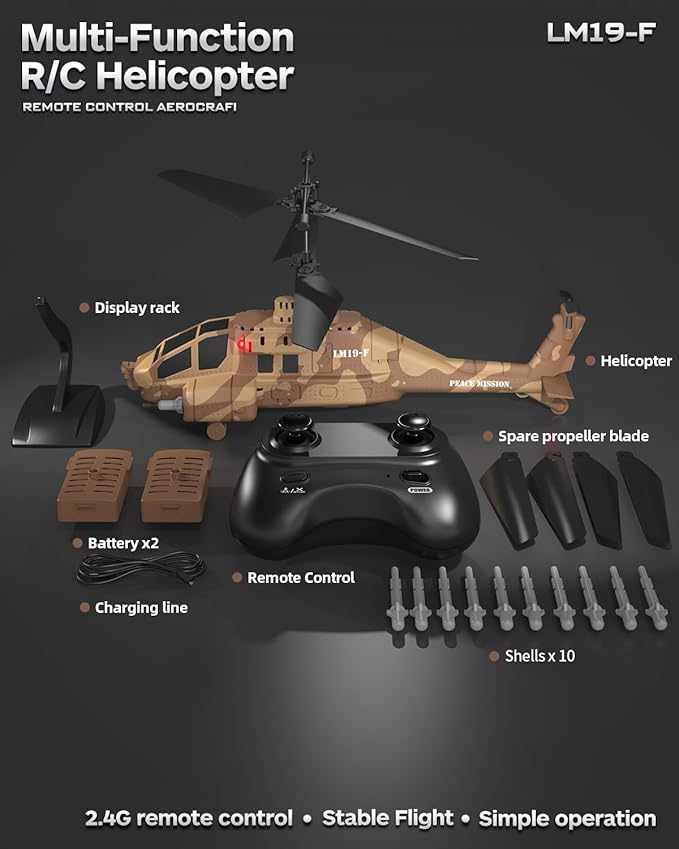 RC Helicopter with Missiles 2.4GHz Remote Control Army Helicopter for Beginners &amp Adults Military Helicopter LED Lights Altitude Hold One-Key Take Off Gift for Military Fans (Brown)
