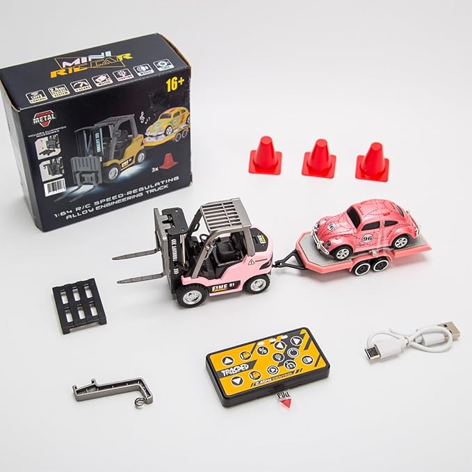 RC Forklift Truck with Trailer 1/64 Mini Alloy Remote Control Forklift 2 Mode Speed Truck with Cargo Hook Pallets RC Construction Vehicles for Adult