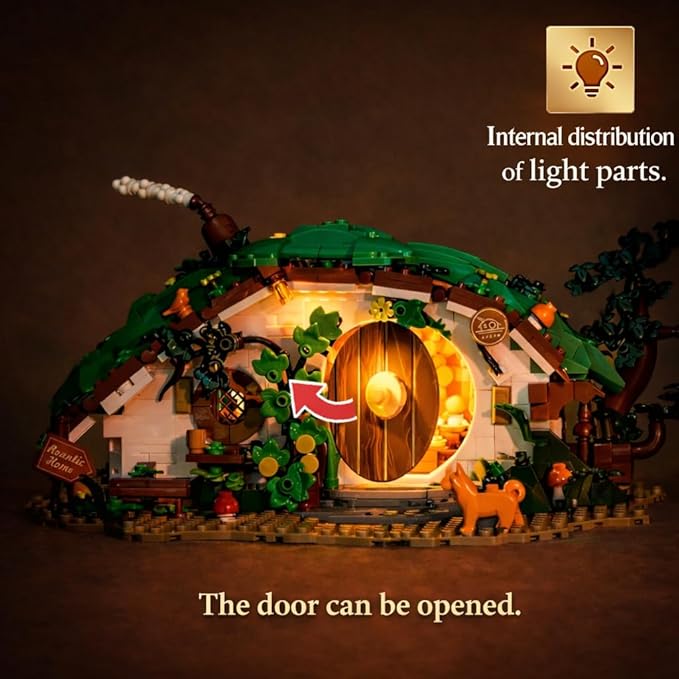 Bag End Dwarf Hole Building Blocks Set (1088 PCS) - 35x27x15cm Model with Interior LED Light Working Doors - Collectible Display Cabin blokcs