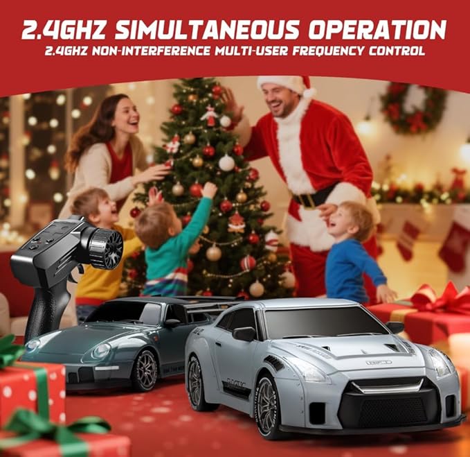 RC Drift Car 1:24 Scale Remote Control Vehicle with LED Lights 2.4GHz 20KM/H 4WD High Speed RC Cars Drifting Tires＆Two Batteries. (GTR-Gray)