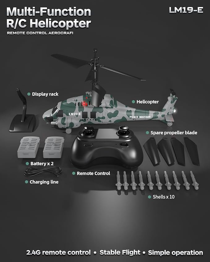 RC Helicopter LM19-E 2.4GHz Remote Control Helicopter with 10 Launchable Missiles LED Light Altitude Hold One-Key Take Off Indoor Friendly Army Toys for Birthday(2 Batteries)