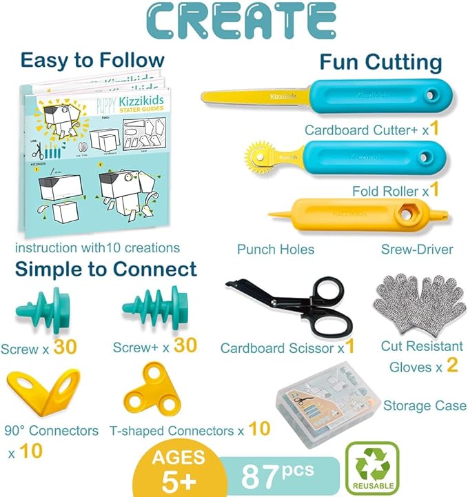 Cardboard Tools for Kids with Cutter &ampTool Box 87 PCS Cardboard Construction Kit for Family &amp Team Activities Creative STEM Educational Toys Gift for Boys and Girls Aged 5+