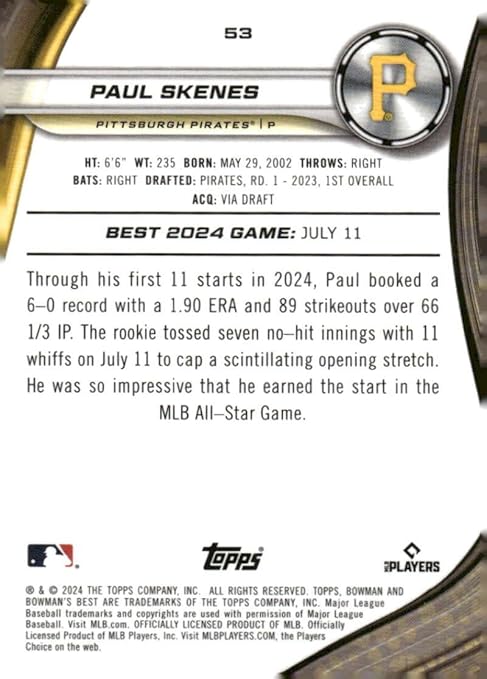 2024 Bowman's Best #53 Paul Skenes Pittsburgh Rookie Baseball Card - Sportscard Superstore