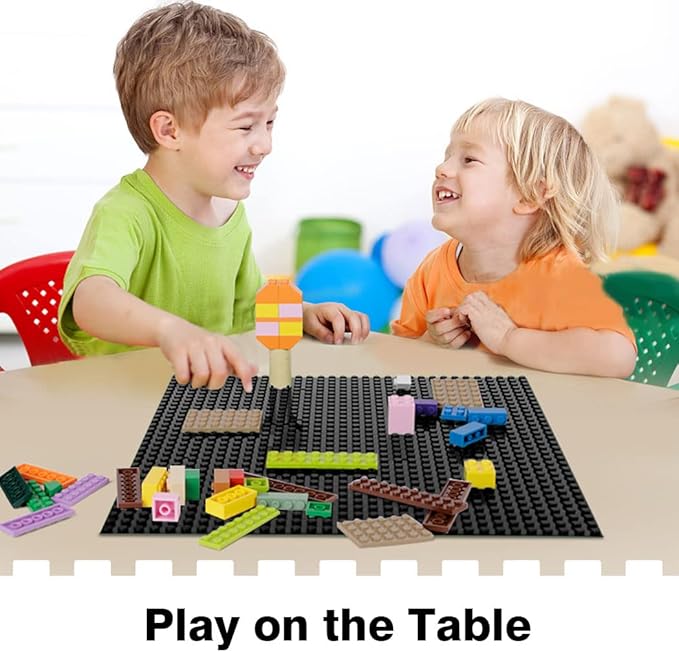 8 Pack Peel-and-Stick Building Baseplates 10”x10” Classic Building Boards - 100% Compatible with All Major Brands of Toy Building Sets Sturdy Stacking Play Table Top Black
