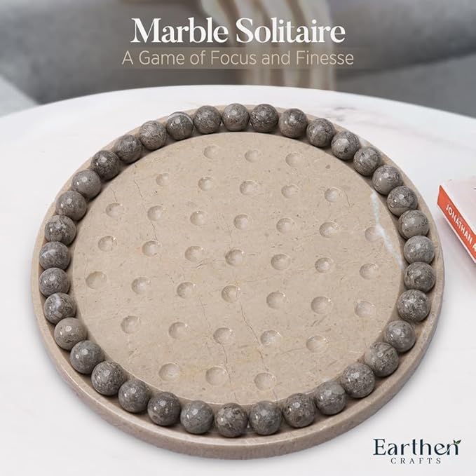 Marble Peg Solitaire Board Game 10 Inches Beige One Player Game Brain Teaser Puzzle with Oceanic Balls Tabletop Game for Family Only