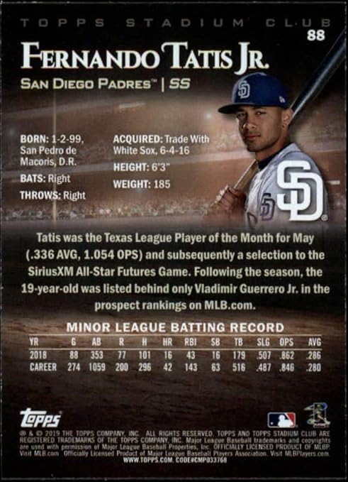 2019 Stadium Club #88 Fernando Tatis Jr. RC Rookie San Diego Padres MLB Baseball Trading Card